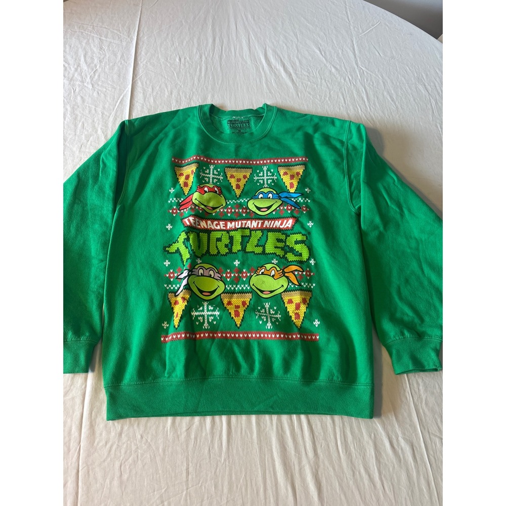 Nickelodeon TMNT Sweatshirt Mens Medium Green Christmas Pizza